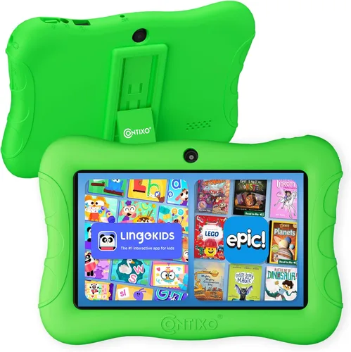 Vista 10 de Contixo Tablet Android Kids de 7" de 32 GB, incluye más de 50 libros de cuentos y calcomanías de Disney (valor de $200), funda protectora