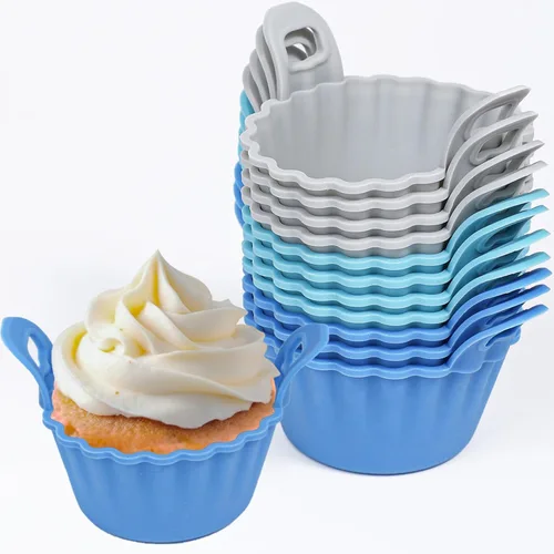 Vista 14 de Koluti Juego de 12 Tazas de Silicona Reutilizables para Hornear, Molde Antiadherente para Muffins y Cupcakes con Doble Asa, Sin BPA, Mini Forros