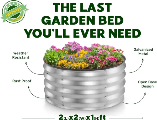 Vista 4 de Cama de jardín redonda galvanizada elevada/ 2 x 2 x 1 pies, camas de jardín elevadas galvanizadas al aire libre para jardinería, verduras, flores