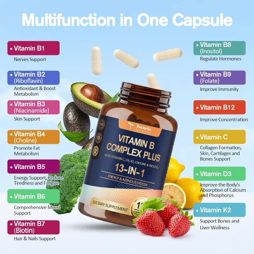 Vista 3 de Complejo de Vitamina B Plus 13 en 1 con Vitamina B1, B2, B3 (Niacina), B4, B5, B6, B7 (Biotina), B8 (Inositol), B9 (Ácido Fólico), B12, C, D3, K2