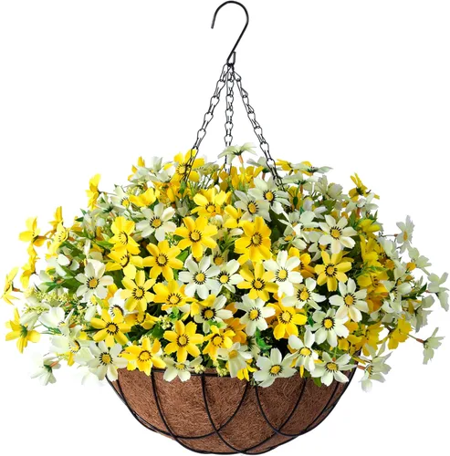 Vista 7 de INXUGAO Flores colgantes artificiales con cesta de 12 pulgadas para decoración al aire libre, margarita de seda sintética, resistentes a los rayos