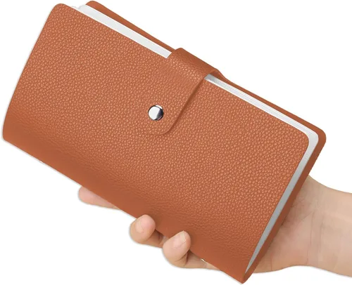 Vista 6 de Soporte grande para tarjetas de visita con 96 ranuras para tarjetas, soporte para tarjetas de crédito RFID de cuero, tarjeta de crédito estilo libro