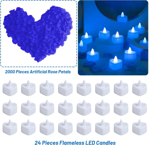 Vista 3 de cridoz Juego de pétalos de rosa azules para una noche romántica para él, 2000 pétalos de rosa artificiales con 24 velas LED sin llama