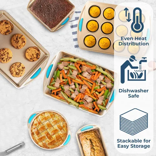 Vista 3 de Kit de horneado Perlli: juego de horno de acero dorado antiadherente - 6 piezas, bandeja redonda para pastel, bandeja para pan, bandeja cuadrada