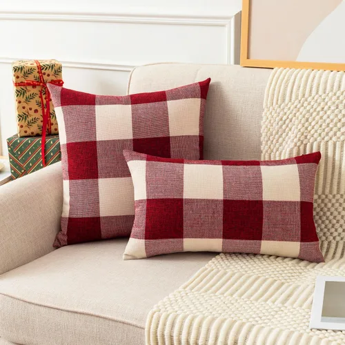 Vista 2 de UGASA - Juego de 2 fundas de almohada clásicas a cuadros de lino a cuadros retro, decorativas, para sofá, cama, vacaciones, 20 x 20 pulgadas, rojo
