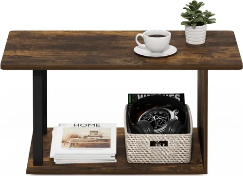 Vista 4 de Furinno Mesa auxiliar básica, mesa de centro moderna de 2 niveles con estante abierto, mesa auxiliar de fácil montaje, para sala de estar