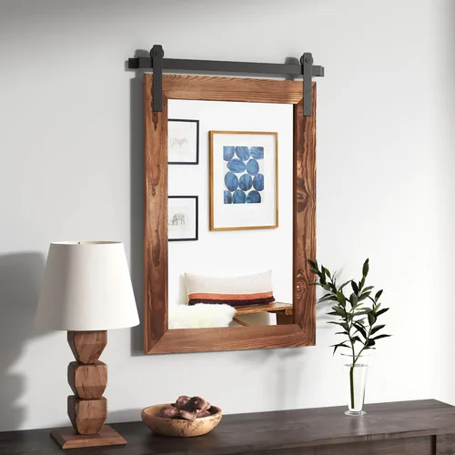 Vista 28 de COGOOD Espejo de puerta de granero de granja, 25 x 18 pulgadas, espejo decrativo con marco de madera rústica para baño, sala de estar, decoración
