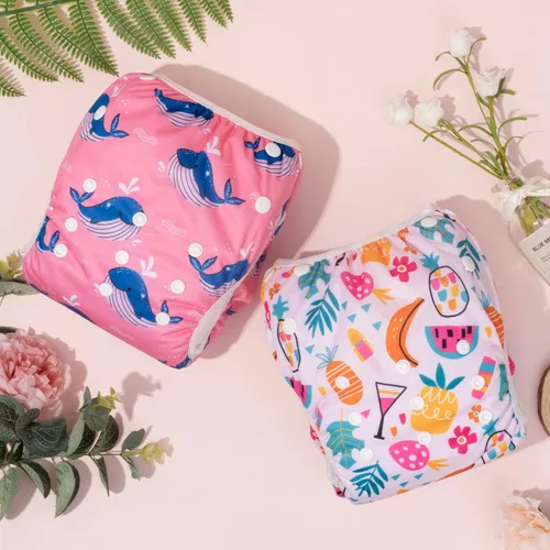 Vista 145 de Alva, Pañales de bebé para nadar, paquete de 2 unidades, talle único, reutilizable, lavable y ajustable de 0 a 36 meses. Tamaño de 10 a 40 lbs
