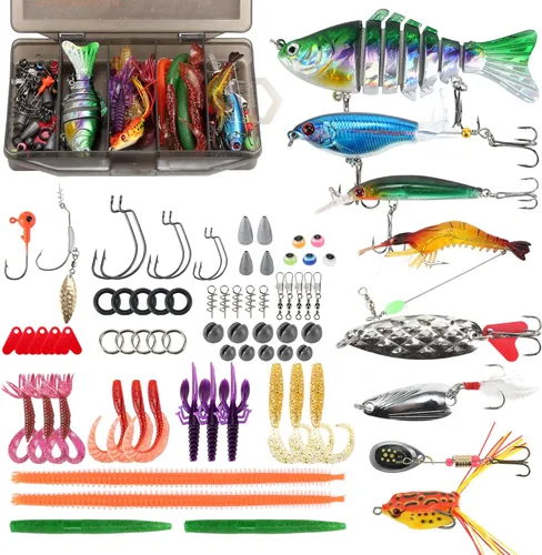 Vista 6 de Kit de caja de aparejos de pesca con libro de técnicas de pesca, juego de 142 señuelos que incluye enchufes, cuchara, ganchos y accesorios,