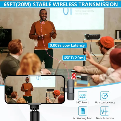 Vista 7 de RICCHI Micrófono Lavalier inalámbrico para iPhone, iPad y teléfono Android, paquete de 2 mini micrófonos con reducción de ruido, micrófono de solapa