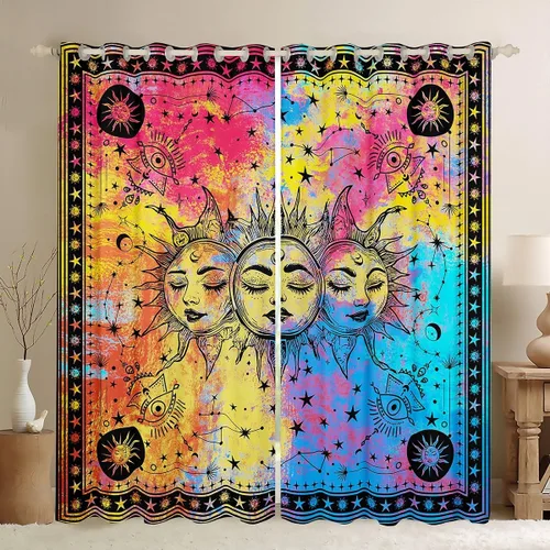 Erosebridal Cortinas opacas psicodélicas de sol y luna con galaxia mística, coloridas cortinas y cortinas de cielo estrellado de 76 pulgadas de