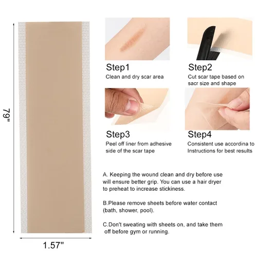 Vista 2 de Hojas de silicona para cicatrices de 1.6 x 6 pulgadas, cinta de silicona para cicatrices quirúrgicas, tiras de cicatrices de silicona, parches