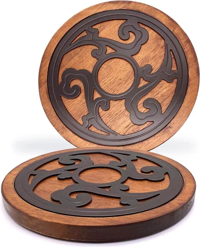 Juego de salvamanteles de hierro fundido con madera de 2 piezas, salvamanteles de madera para platos calientes, almohadillas calientes de cocina