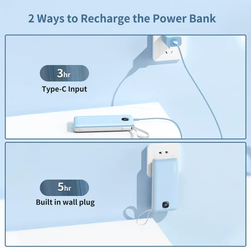 Vista 5 de penaover - Cargador portátil con cables integrados y enchufe de pared AC, batería externa de 10000 mAh delgada, carga rápida de 22.5 W, 5 salidas, 2