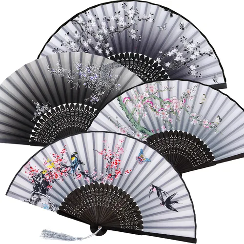 Vista 23 de Zonon Paquete de 4 abanicos plegables florales de mano, abanicos de bambú de seda con borla para mujer, ventilador plegable de mano ahuecado