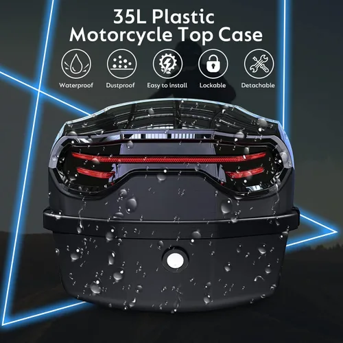Vista 2 de 35L Motorcycle Top Case, Motorcycle Daily Tail Box Trunk Lockable Storage Carrier Plastic Case with Soft Backrest Universal Mounting for Helmet