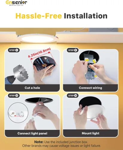 Vista 6 de Ensenior - Paquete de 20 luces LED empotrables de 4 pulgadas para techo, regulables, 2700K-5000K, 5CCT, 750LM, 9W, 120V, luz de oblea sin carcasa