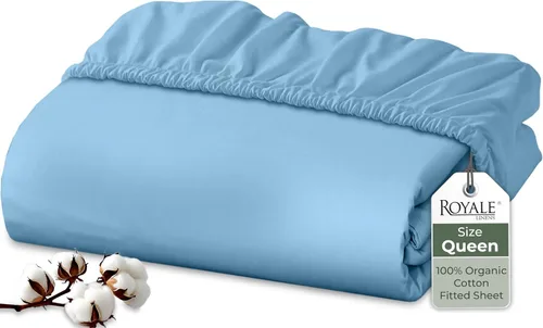 Vista 107 de Royale Linens Sábana bajera ajustable de algodón 100% orgánico - Tejido percal - Sábanas bajeras de bolsillo profundo súper suaves - Sábana elástica