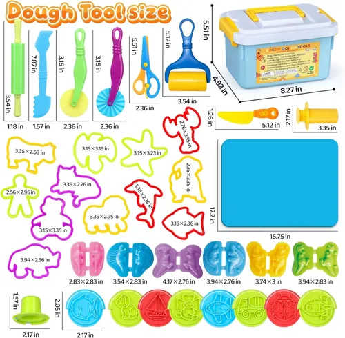 Vista 7 de VConejo Juego de herramientas de masa para niños, 37 piezas de accesorios de arcilla y masa con contenedor de almacenamiento, esterilla, cortadores