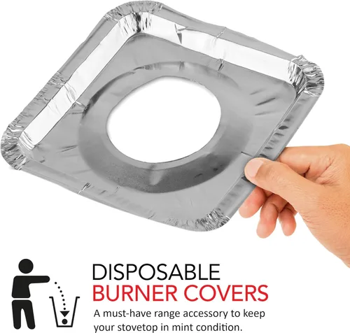 Vista 3 de Revestimientos desechables para quemadores de gas (paquete de 100) cubiertas cuadradas de aluminio para quemadores de gas, protector de estufa