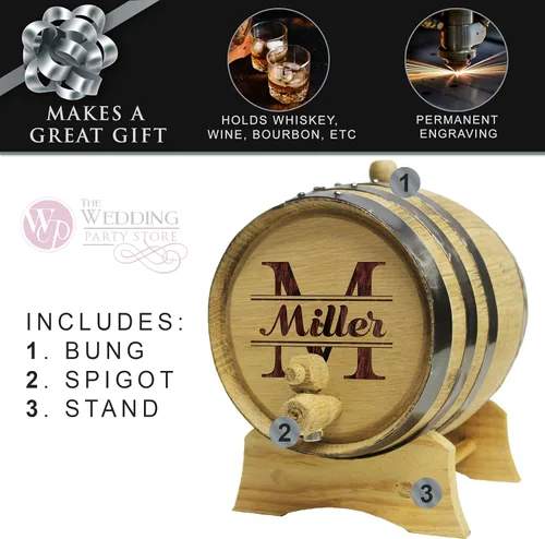 Vista 4 de The Wedding Party Store Whisky de roble grabado, bourbon o barril de vino, personalizado con diseños WPS (barril de 1 litro)