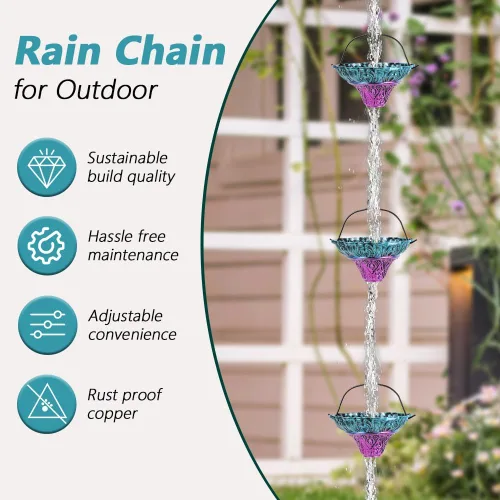 Vista 5 de Cadenas de lluvia de 10 pies para exterior, cadena de canalón de lluvia con 12 copas de flores, cadena de captura de agua de lluvia ajustable