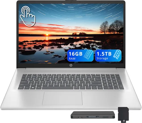 Vista 10 de HP 17.3" HD+ Touchscreen Laptop, AMD Ryzen 5 7430U, 8GB DDR4 RAM, 1.5TB Storage (512GB SSD+1TB Docking Station Set), AMD Radeon Graphics, Full