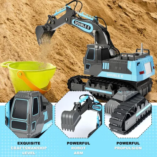 Vista 4 de DOUBLE E Excavadora de juguete a control remoto, excavadora a control remoto, batería recargable, juguetes de construcción hidráulica, vehículos