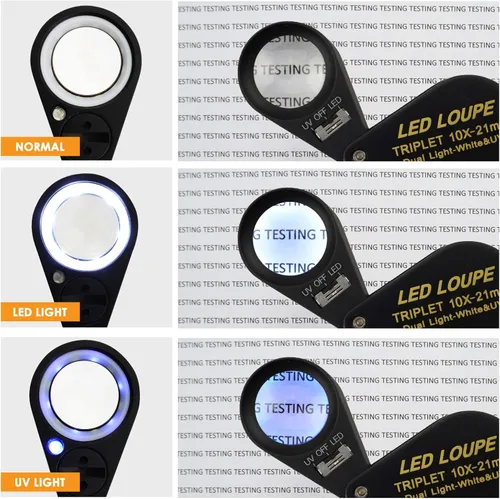 Vista 4 de 10 lupas para joyería, lupa LED UV de 0.827 in, lente de triplete, cristal óptico, herramienta de aumento de gemas de bolsillo, joyero, sello
