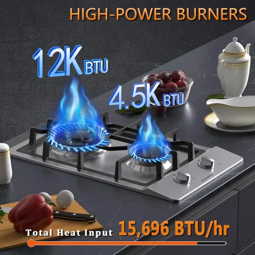 Vista 2 de Placa de cocina de gas de 12 pulgadas, estufa de gas integrada con 2 quemadores, cocinas convertibles NG/LPG, placa de cocina de propano de doble