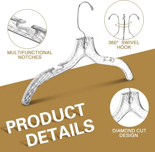 Vista 3 de Wesiti Paquete de 60 perchas de plástico transparente a granel para ropa de 17 pulgadas con corte de cristal para abrigos, camisas, trajes, tienda