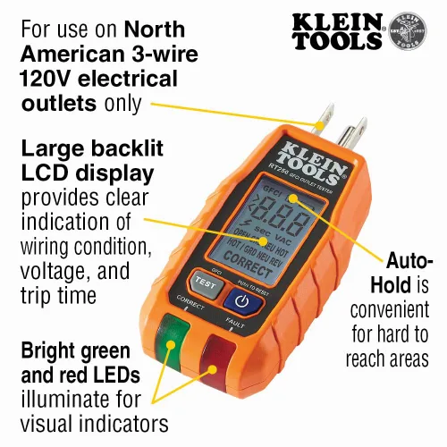 Vista 2 de Klein Tools RT250 - Probador de Salida GFCI con Pantalla LCD, Probador de Voltaje Eléctrico para Receptáculos Eléctricos Estándar de 3 Hilos 120V