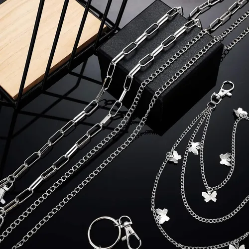 Vista 6 de 5 Pieces Jeans Chains Set Hip Hop Pants Chains Pocket Chain Butterfly Lock Star Pendant Belt Multi Layer Chains for Men Women