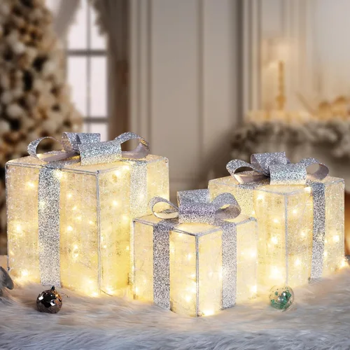 Vista 11 de Decoraciones de Navidad Azules, Cajas de Regalo Iluminadas de Navidad 140 LEDs Regalos Luminosos Decoración Navideña, 8 Modos y Función