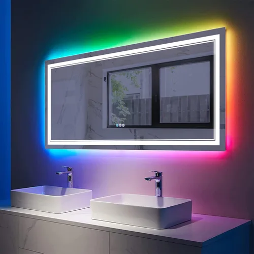 Vista 89 de Espejo de baño LED de 40 x 36 pulgadas con luces, retroiluminado y frontal iluminado para pared, antiempañamiento, regulable, memoria inastillable
