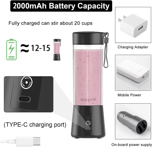 Vista 3 de Licuadora portátil, licuadora para batidos y batidos, licuadora personal, mini licuadora de batidos de 12.8 fl oz USB recargable con 6 cuchillas
