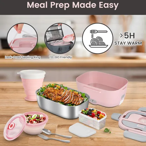 Vista 2 de AOSION Lonchera eléctrica con calefacción y cacerola de acero inoxidable de 3.5 cuartos de galón con cesta de vapor