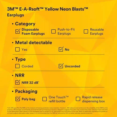 Vista 10 de 3M 312-1252, caja de 200 tapones para oído amarillos neón inalámbricos E-A-Rsoft, para protección del oído, en bolsa de poliéster de tamaño regular