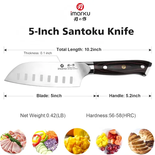 Vista 3 de imarku Santoku Cuchillo de chef de 5 pulgadas, cuchillo asiático ultra afilado, cuchillo de chef japonés, acero inoxidable japonés SUS440A, mango