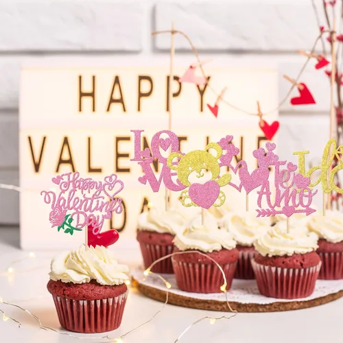 Vista 5 de 24 piezas de decoración para cupcakes para el día de San Valentín, diseño de oso de corazón con purpurina rosa "I Do I Do Cupcake Picks Be Mine