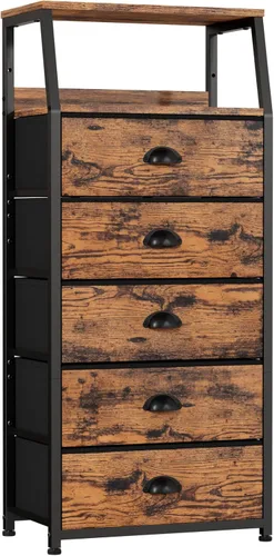 Vista 9 de Furnulem Cómoda negra con 5 cajones, cómoda de tela de torre de almacenamiento vertical para dormitorio, pasillo, entrada, guardería, organizador