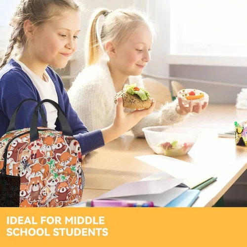 Vista 6 de Bolsas de almuerzo Red Panda – Lonchera Bento reutilizable aislada con bolsillos pequeña marrón linda lonchera para niños – Divertida bolsa
