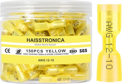 Vista 8 de haisstronica 200 conectores de pala hembra termorretráctiles azules, AWG 16-14, kit de terminlas de pala hembra termorretráctil, conectores