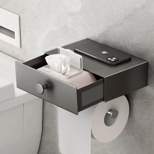 Vista 10 de VOLDRA Soporte de papel higiénico con estante para teléfono, soporte de papel higiénico autoadhesivo o con tornillos, soporte de rollos de papel