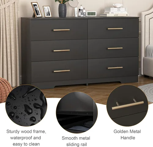 Vista 6 de Spaco Cómoda negra de 6 cajones con mango dorado, cómoda moderna de 6 cajones profundos para dormitorio, cómoda de almacenamiento para armario, sala