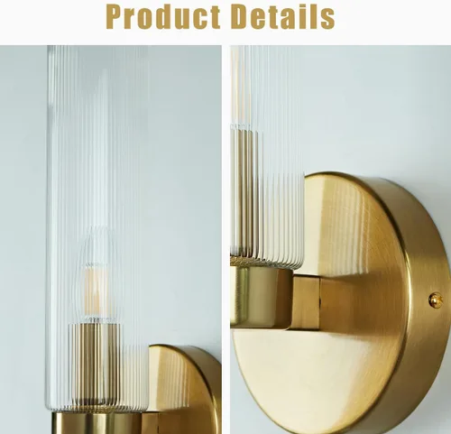 Vista 9 de Fluted Textural Glass Wall Sconce, Modern Indoor Vanity Light, Glass Tube Wall Light Fixture with Metallic Finish, Wall Light fixtures for Bathroom