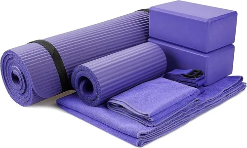 Vista 12 de BalanceFrom 7-Piece Yoga Set with 71x24x0.5 Inches Extra Thick Mat and Carrying Sling – Includes 2 Blocks, Stretch Strap, 2 Towels, and Knee Pad for