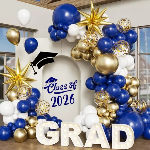 Vista 12 de Kit de arco de globos azules y plateados, 130 globos azul marino metálico azul plateado con globos de confeti de estrella de papel de aluminio