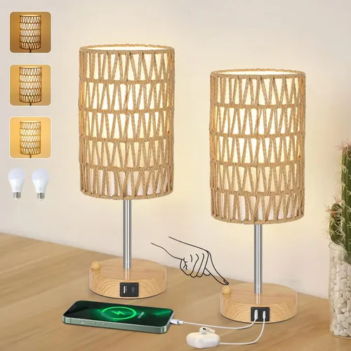 Vista 9 de Juego de 2 lámparas de mesa de noche de ratán, lámparas bohemias con 3 temperaturas de color y puerto USB de CA, lámpara de mesa con cadena