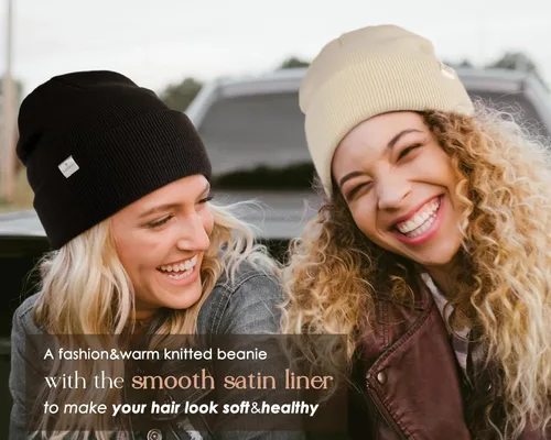Vista 3 de YANIBEST - Gorro de punto con forro de satén para mujer, gorro de invierno acrílico para mujeres y hombres, gorro con forro de seda, suave, holgado